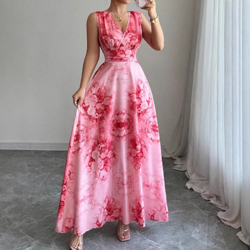 Rochie boemă de plajă, lungă, cu decolteu în V, imprimeu floral, poliester, talie înaltă