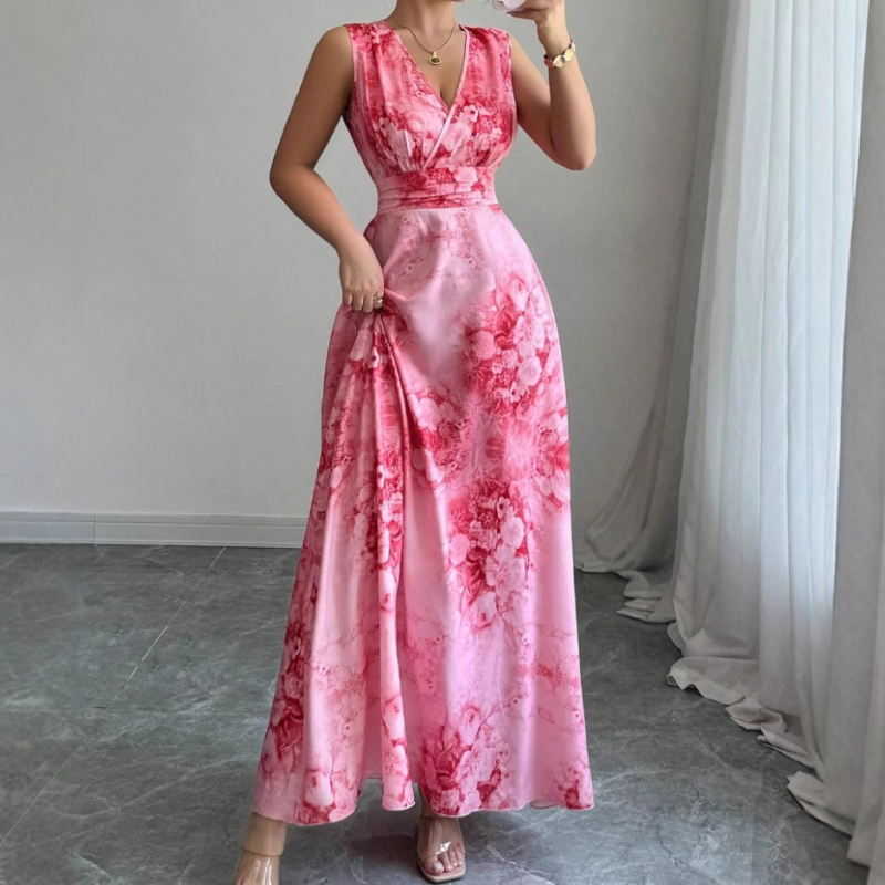 Rochie boemă de plajă, lungă, cu decolteu în V, imprimeu floral, poliester, talie înaltă