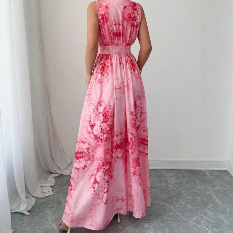 Rochie boemă de plajă, lungă, cu decolteu în V, imprimeu floral, poliester, talie înaltă