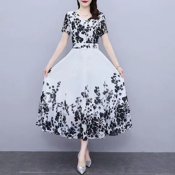 Rochie midi din poliester, imprimeu floral, decolteu în V, talie înaltă