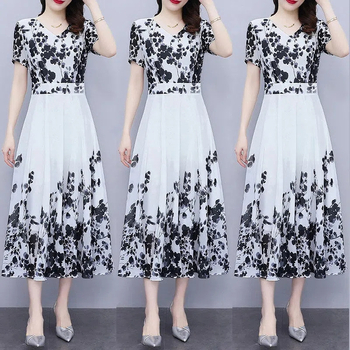 Rochie midi din poliester, imprimeu floral, decolteu în V, talie înaltă