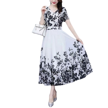 Rochie midi din poliester, imprimeu floral, decolteu în V, talie înaltă