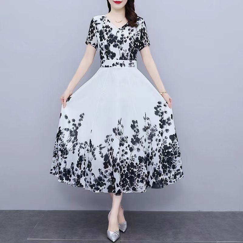 Rochie midi din poliester, imprimeu floral, decolteu în V, talie înaltă