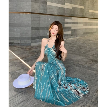 Rochie boemă de vacanță pentru femei – halter, lungă, tip rochie-slip, talie înaltă, model abstract, poliester 95%, Vara 2025