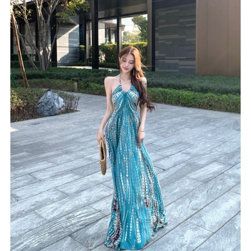 Rochie boemă de vacanță pentru femei – halter, lungă, tip rochie-slip, talie înaltă, model abstract, poliester 95%, Vara 2025