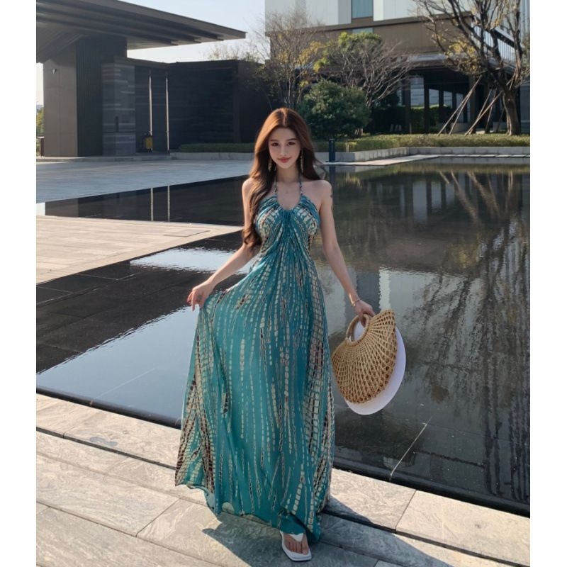 Rochie boemă de vacanță pentru femei – halter, lungă, tip rochie-slip, talie înaltă, model abstract, poliester 95%, Vara 2025