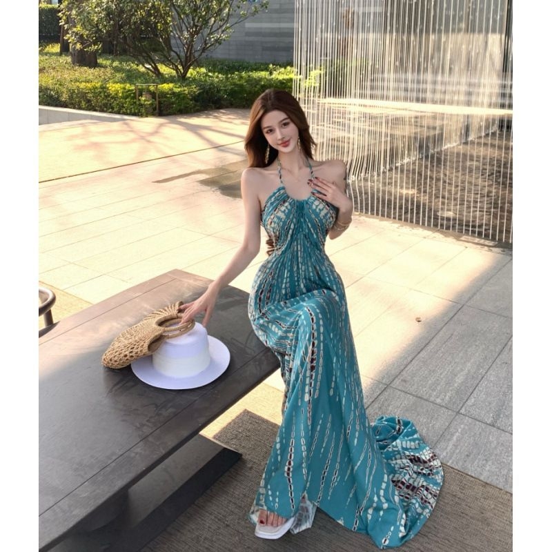 Rochie boemă de vacanță pentru femei – halter, lungă, tip rochie-slip, talie înaltă, model abstract, poliester 95%, Vara 2025