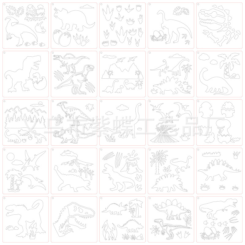 Șablon de pictură — temă Pădurea Alpină, material PET, dinozaur decupat gol