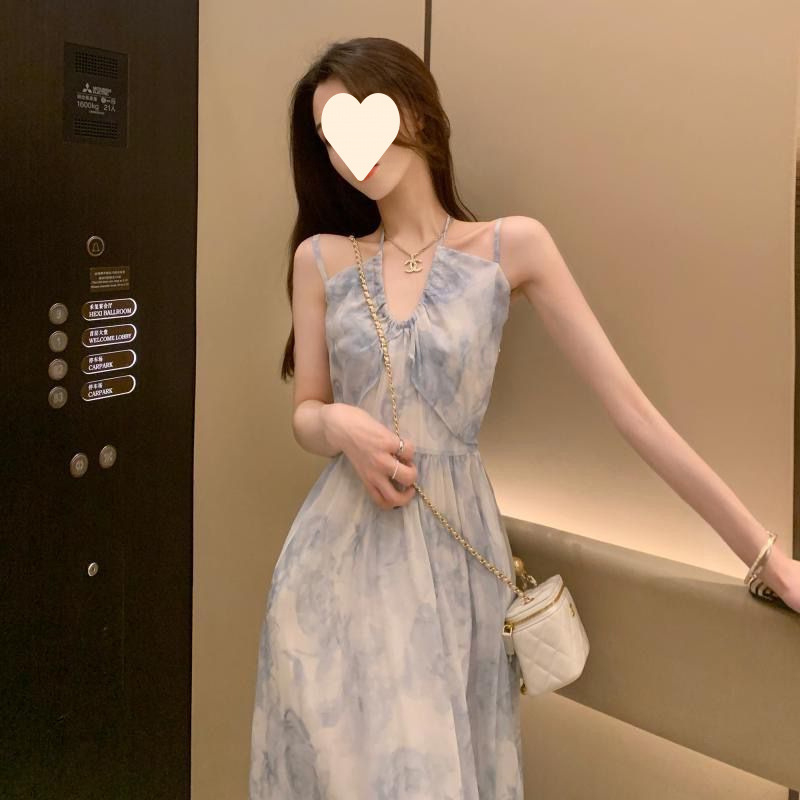 Haljina A-linije, duga, bez rukava, halter dekolte, cvjetni otisak, poliester smjesa 30-50%