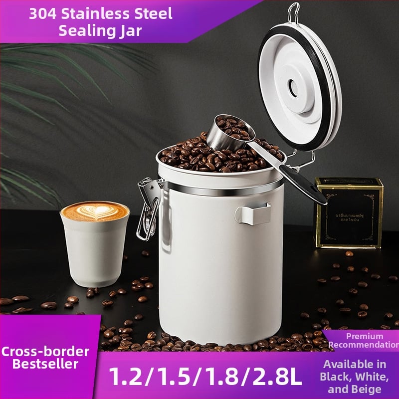 Kávébab-tároló vákuumszeleppel, 304 rozsdamentes acél, szilikon tömítés, PP fedél, kerek forma