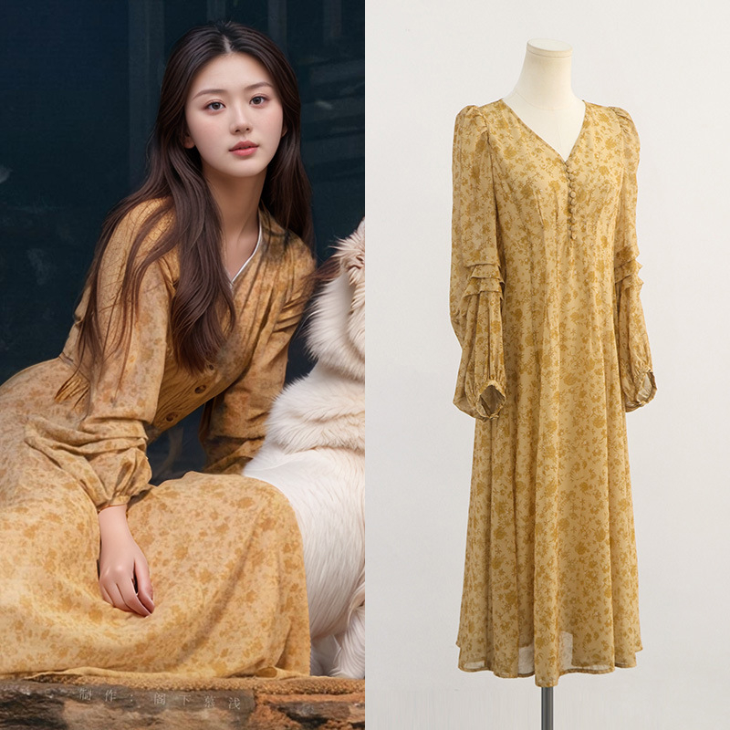 Rochie maxi din chiffon — imprimeu floral rupt, decolteu în V, mâneci lungi, fermoar