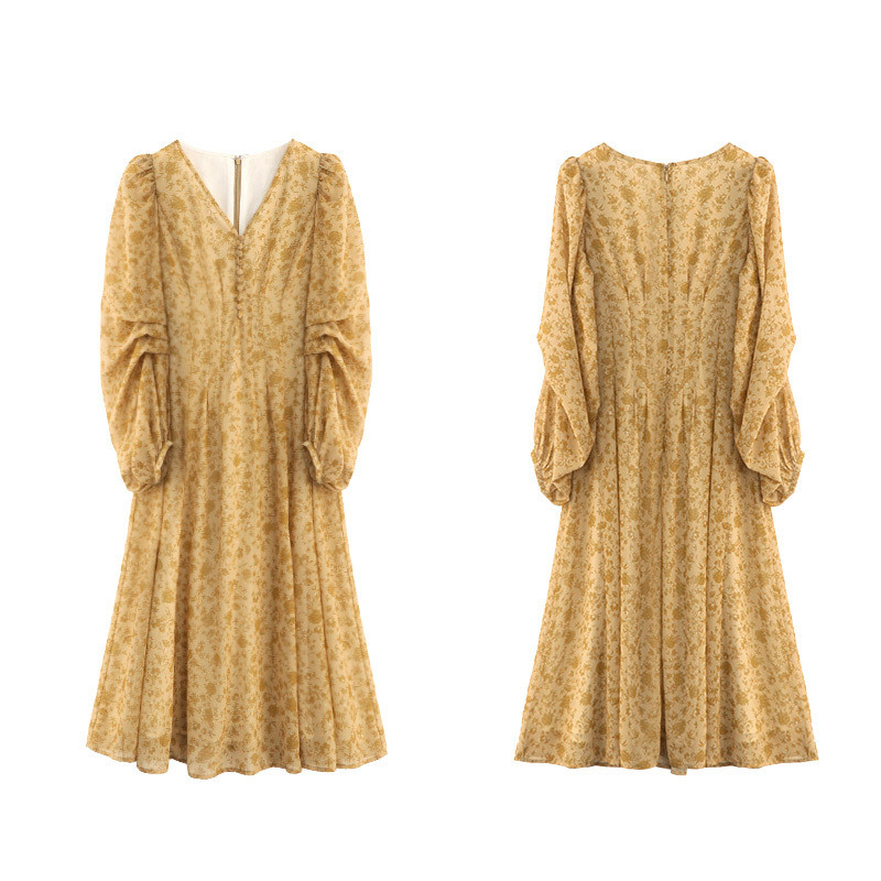 Rochie maxi din chiffon — imprimeu floral rupt, decolteu în V, mâneci lungi, fermoar