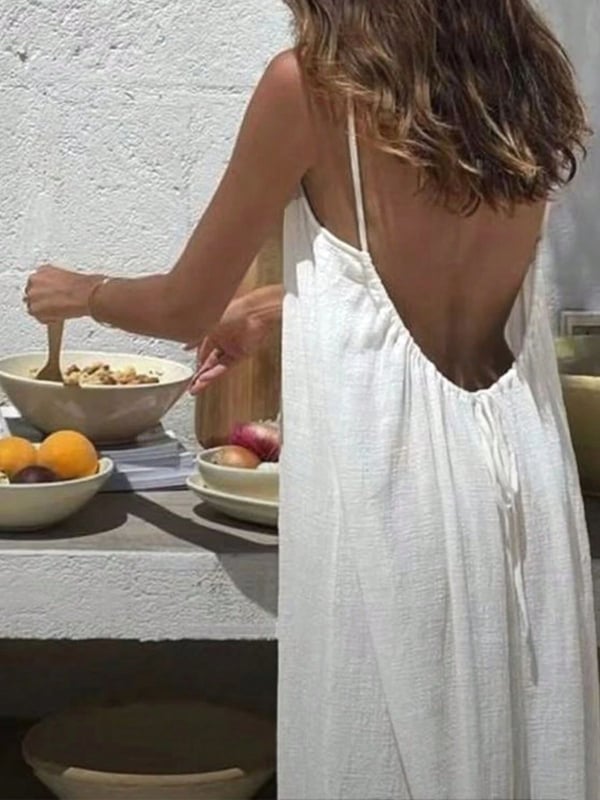 Boho haljina za plažu u camisole stilu, bez rukava, otvorena leđa, duga široka suknja, viskoza