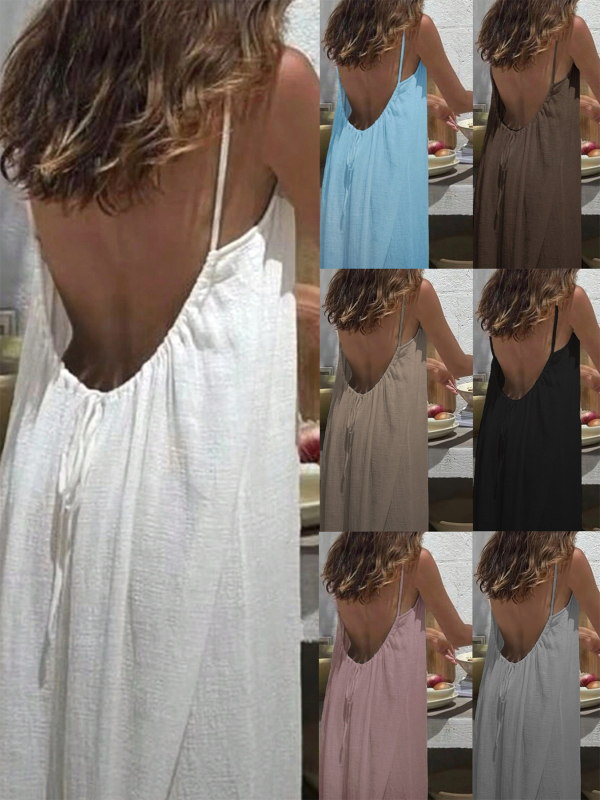 Boho haljina za plažu u camisole stilu, bez rukava, otvorena leđa, duga široka suknja, viskoza