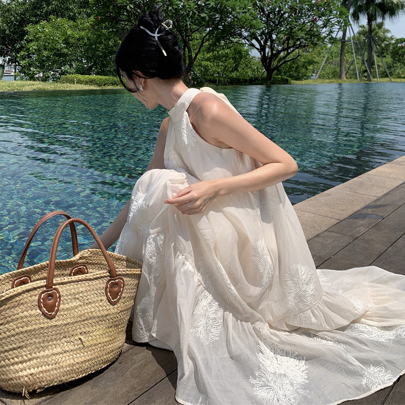 Rochie maxi lungă cu decolteu off-shoulder și halter, stil patchwork street, material chiffon, 80-90% poliester, pentru plajă