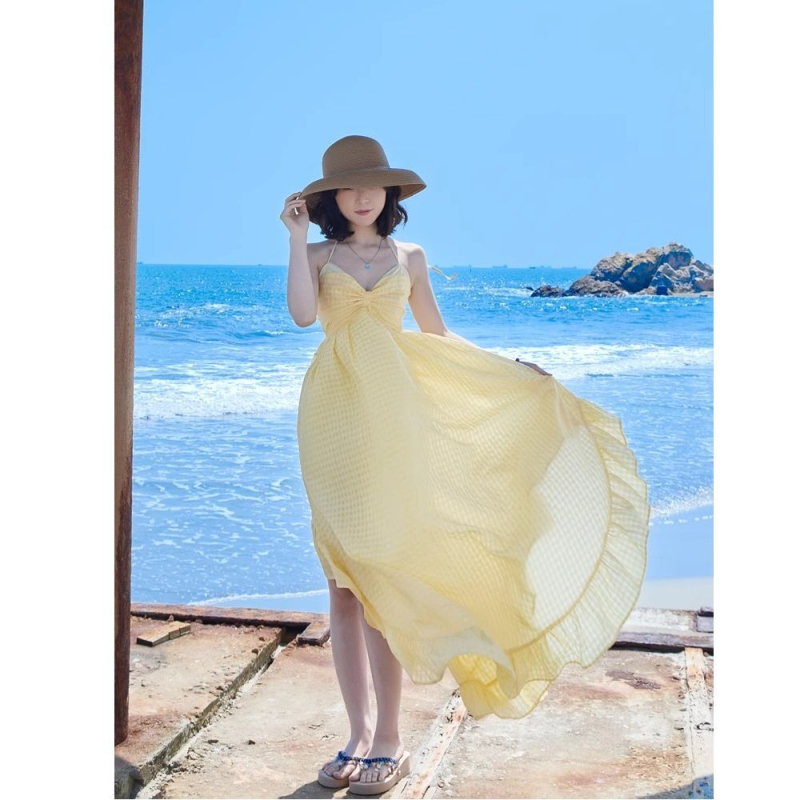 Rochie de plajă pentru vacanță la malul mării, gât halter, fără mâneci, croială A-line, lungime medie, poliester