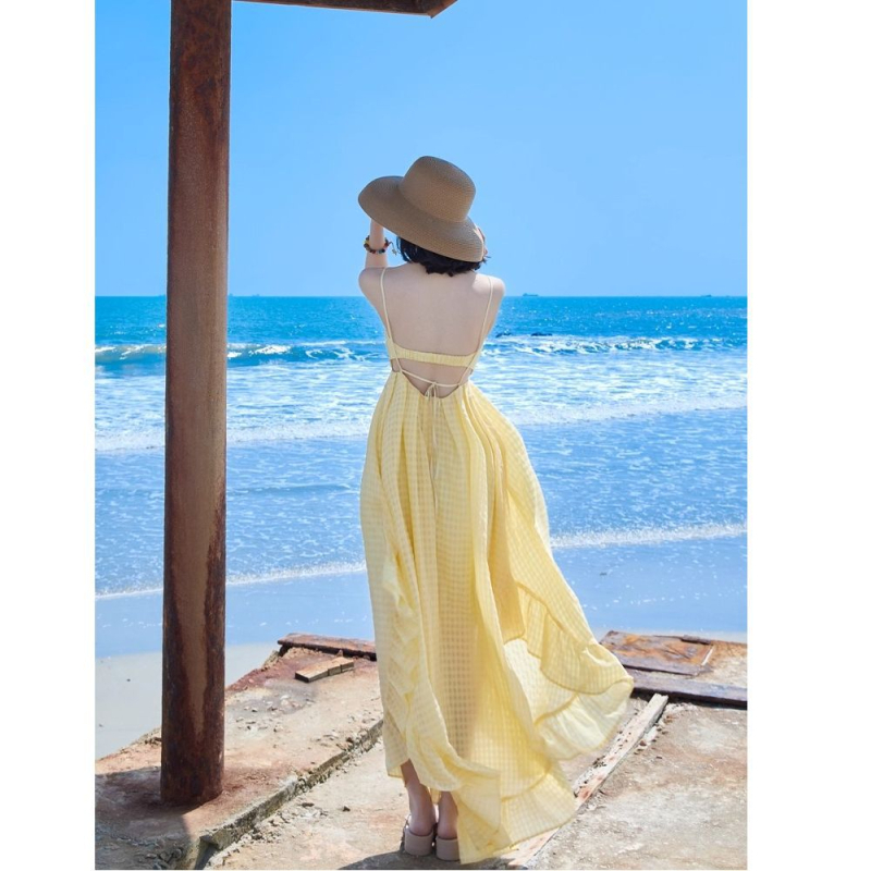 Rochie de plajă pentru vacanță la malul mării, gât halter, fără mâneci, croială A-line, lungime medie, poliester