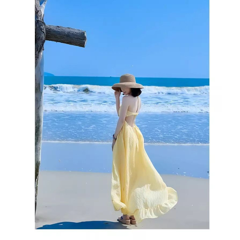 Rochie de plajă pentru vacanță la malul mării, gât halter, fără mâneci, croială A-line, lungime medie, poliester