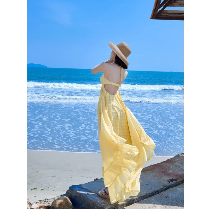 Rochie de plajă pentru vacanță la malul mării, gât halter, fără mâneci, croială A-line, lungime medie, poliester