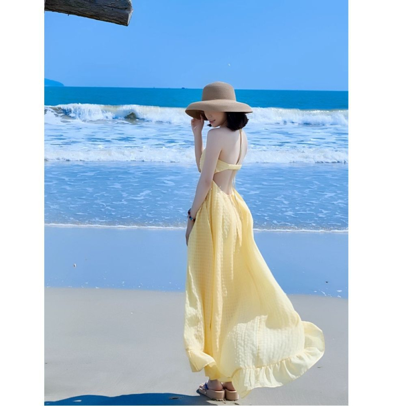 Rochie de plajă pentru vacanță la malul mării, gât halter, fără mâneci, croială A-line, lungime medie, poliester