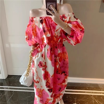 Rochie de plajă pentru vacanță, decolteu pe un umăr, mâneci bufante, imprimeu abstract tie-dye, poliester, lungă, croială A-line