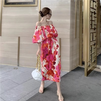 Rochie de plajă pentru vacanță, decolteu pe un umăr, mâneci bufante, imprimeu abstract tie-dye, poliester, lungă, croială A-line