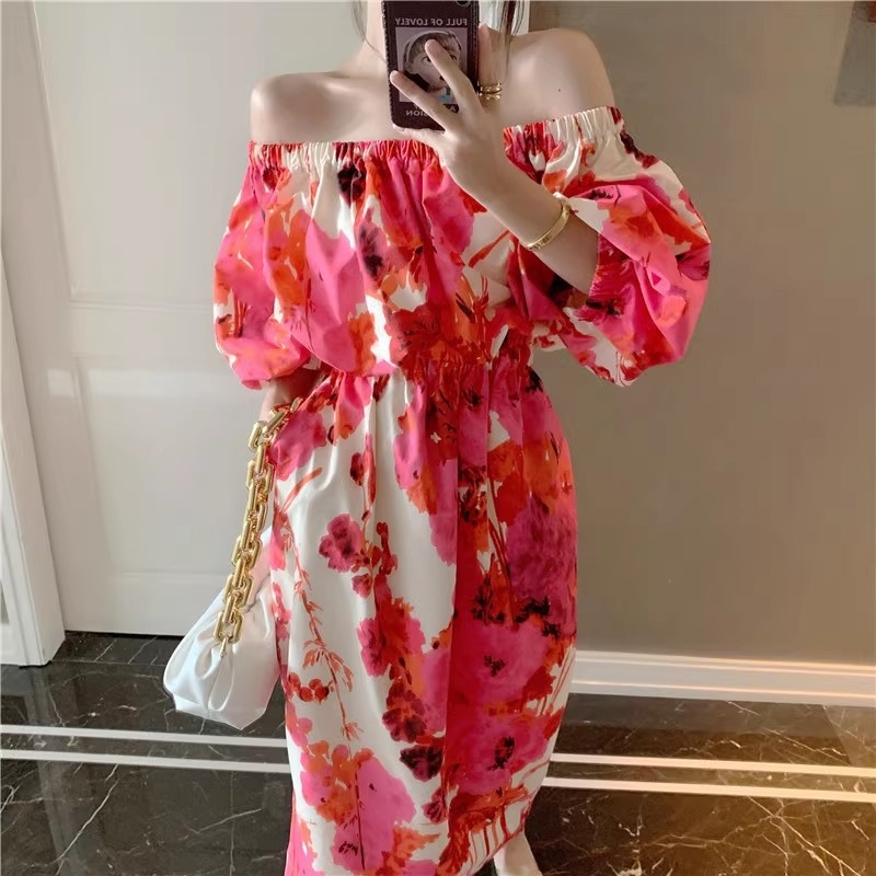 Rochie de plajă pentru vacanță, decolteu pe un umăr, mâneci bufante, imprimeu abstract tie-dye, poliester, lungă, croială A-line