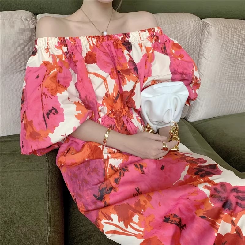 Rochie de plajă pentru vacanță, decolteu pe un umăr, mâneci bufante, imprimeu abstract tie-dye, poliester, lungă, croială A-line