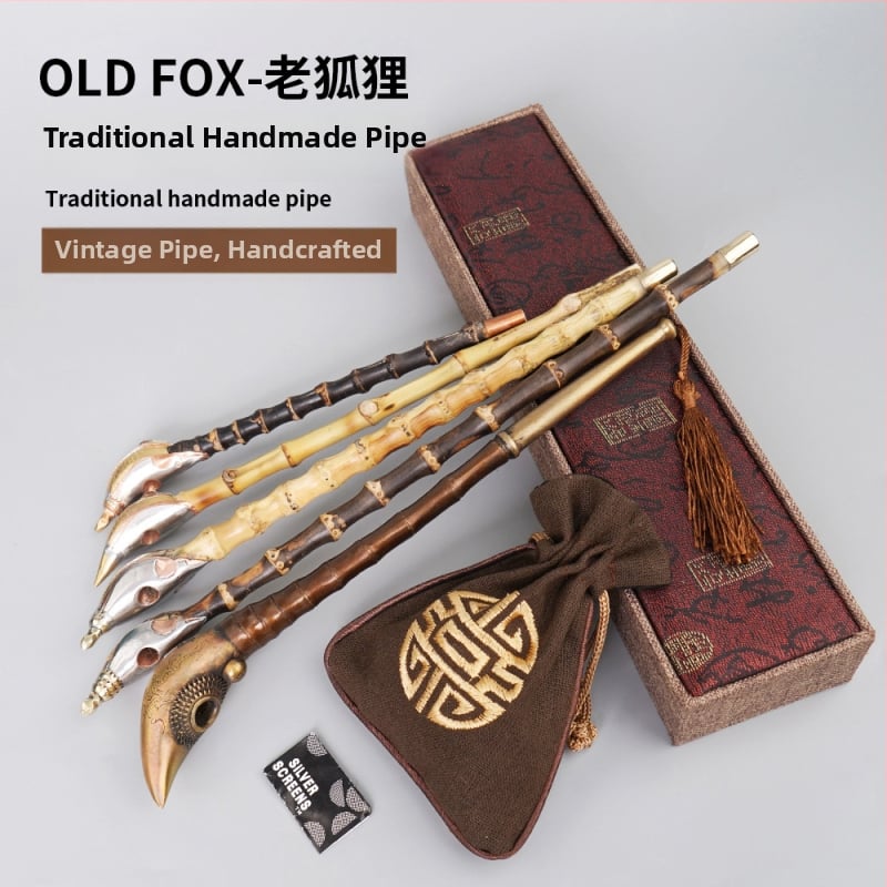 Old Fox - Régi stílusú pipa, hagyományos bambusz száraz pipa, testreszabható magáncímke, ajándék idősnek