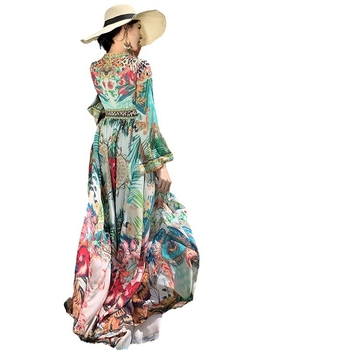 Rochie boho pentru plajă, decolteu în V, fără mâneci, croială A-line, lungă, poliester