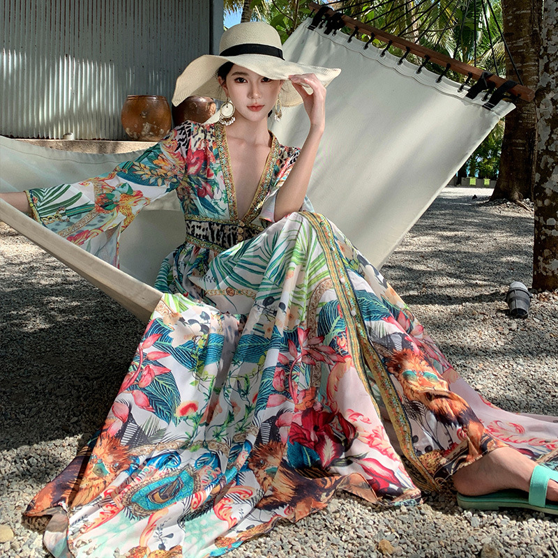 Rochie boho pentru plajă, decolteu în V, fără mâneci, croială A-line, lungă, poliester