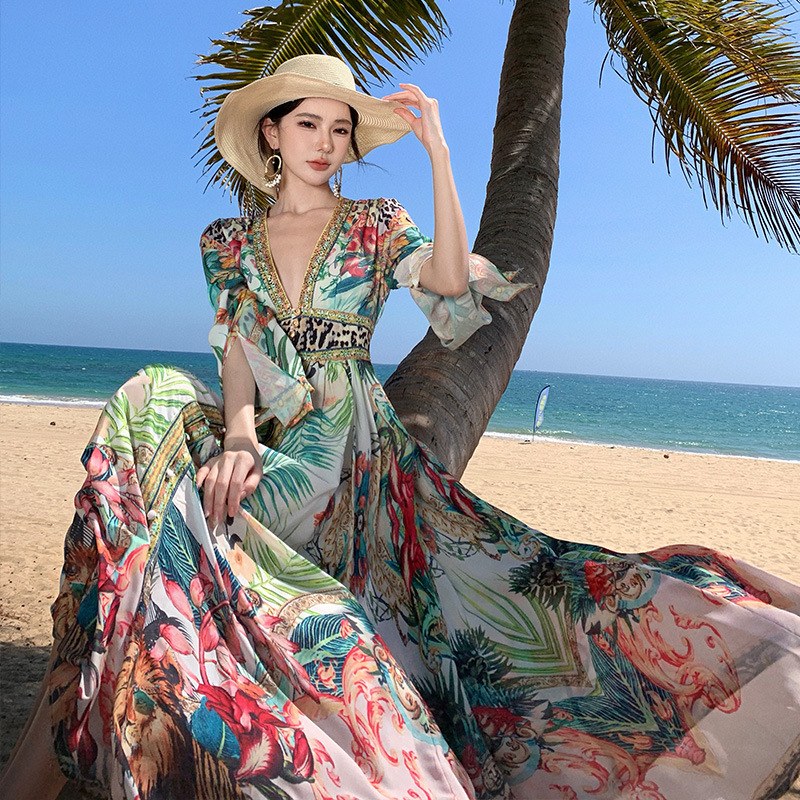 Rochie boho pentru plajă, decolteu în V, fără mâneci, croială A-line, lungă, poliester