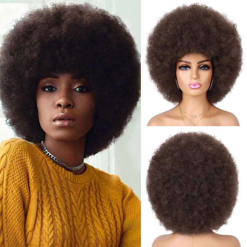 Rövid Afro göndör paróka, egzotikus stílus, kézzel szőtt, hőálló szálakból