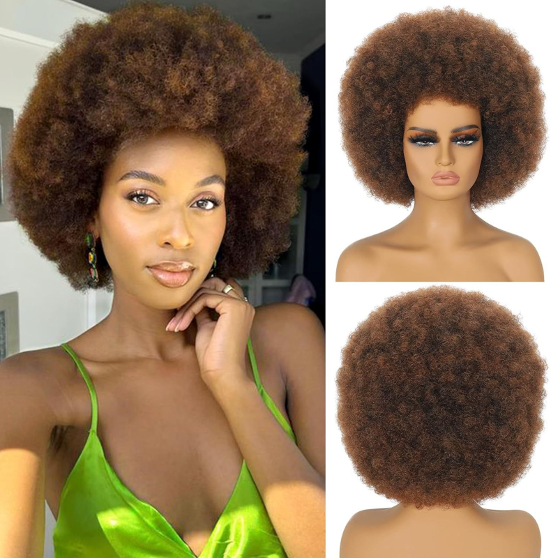 Rövid Afro göndör paróka, egzotikus stílus, kézzel szőtt, hőálló szálakból