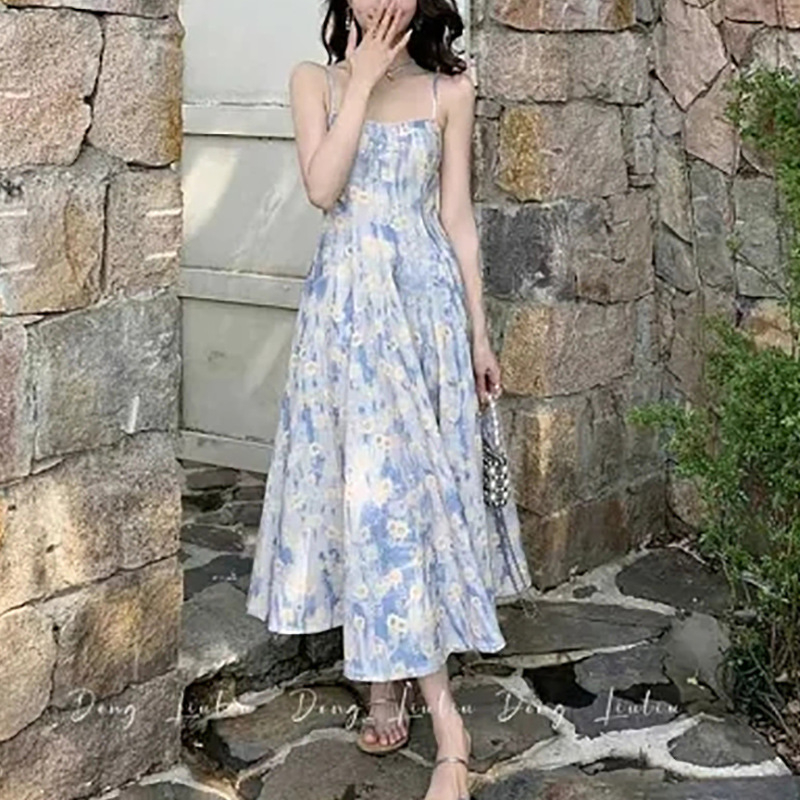 Duga haljina s floralnim uzorkom, izrez na jedno rame sling, visok struk, bez rukava, poliester-elastan materijal, ljeto