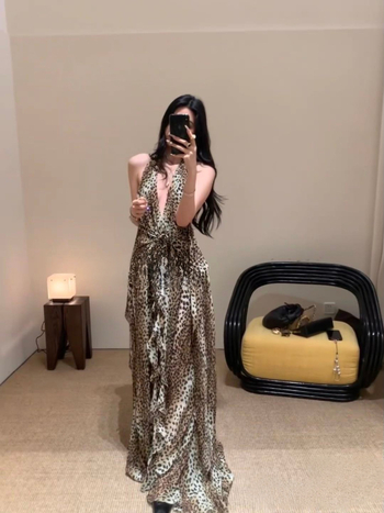 Seksi maksi haljina s leopard uzorkom, duboki V izrez, volan na kraju, chiffon