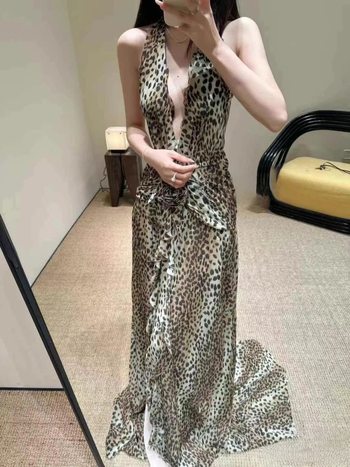 Seksi maksi haljina s leopard uzorkom, duboki V izrez, volan na kraju, chiffon