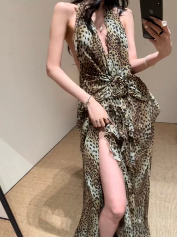 Seksi maksi haljina s leopard uzorkom, duboki V izrez, volan na kraju, chiffon
