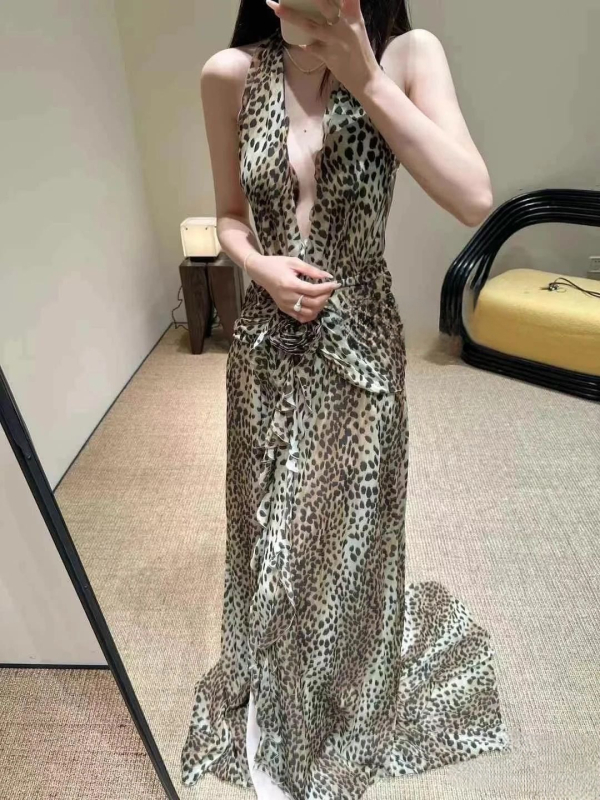 Seksi maksi haljina s leopard uzorkom, duboki V izrez, volan na kraju, chiffon