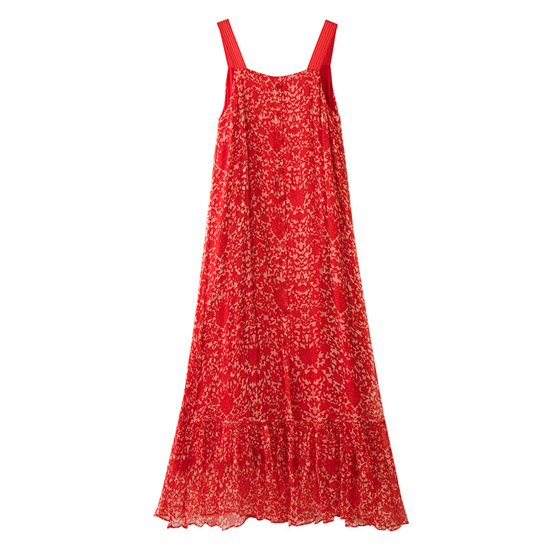 Mulberry Silk duga haljina, s floralnim uzorkom, bez rukava, mandarin ovratnik, haljina s volanom