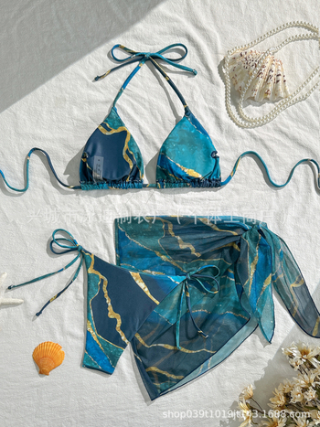 Ženski bikini set od tri komada s mramornim uzorkom, mrežasti veo, razdvojene naramenice, 82% poliester, 18% spandeks