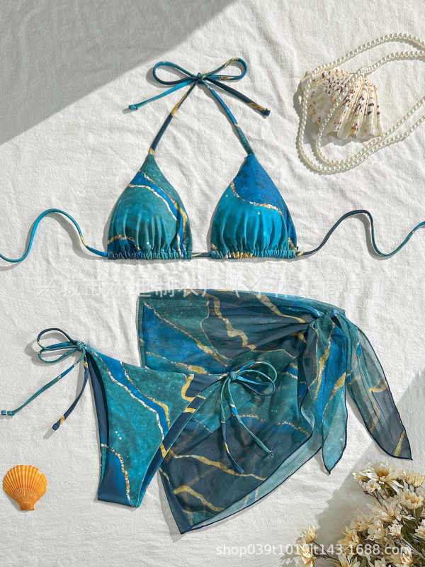 Ženski bikini set od tri komada s mramornim uzorkom, mrežasti veo, razdvojene naramenice, 82% poliester, 18% spandeks