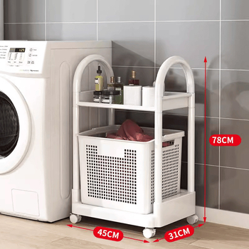 Pomični spremnik za pohranu s košarom za kupaonicu — plastični materijal, minimalistički stil, višefunkcionalan.