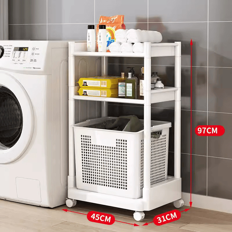 Pomični spremnik za pohranu s košarom za kupaonicu — plastični materijal, minimalistički stil, višefunkcionalan.