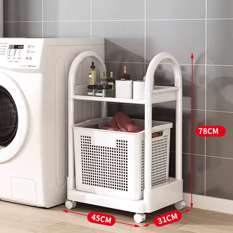 Pomični spremnik za pohranu s košarom za kupaonicu — plastični materijal, minimalistički stil, višefunkcionalan.