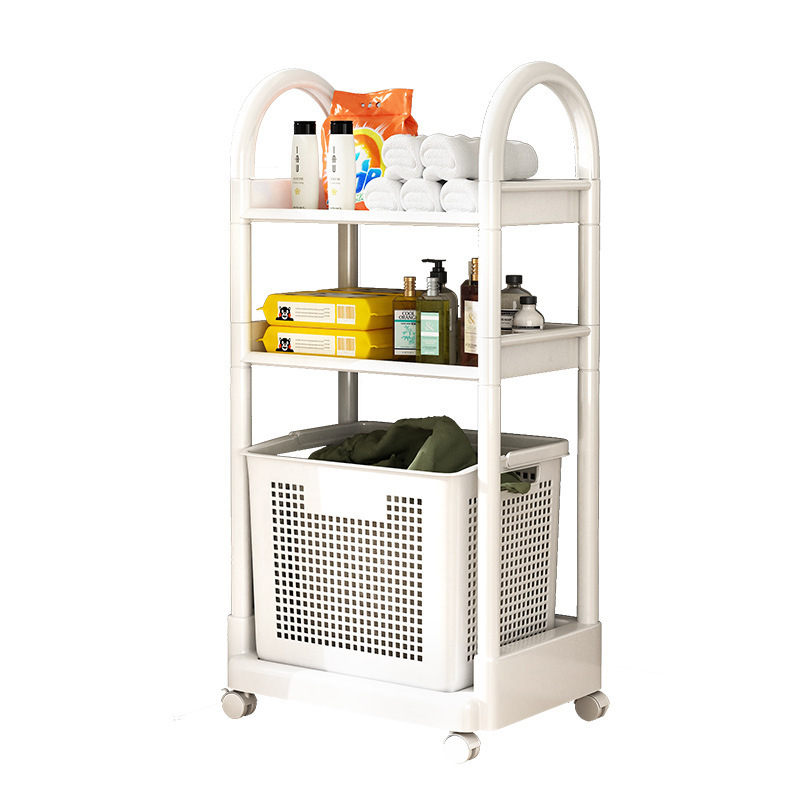 Pomični spremnik za pohranu s košarom za kupaonicu — plastični materijal, minimalistički stil, višefunkcionalan.