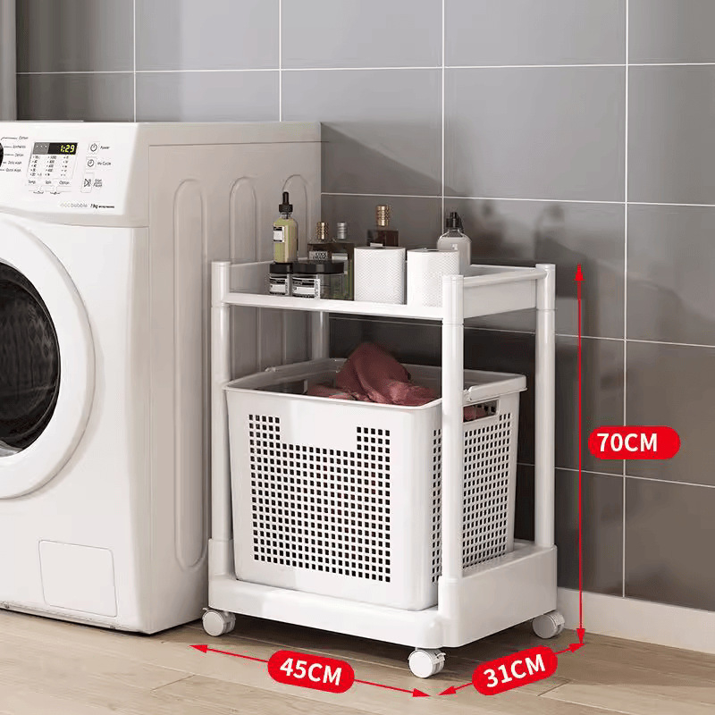 Pomični spremnik za pohranu s košarom za kupaonicu — plastični materijal, minimalistički stil, višefunkcionalan.