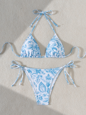 Ženski bikini set u stilu ink-wash s cvjetnim uzorkom, bez rukava, s jastučićima za prsni koš, 82% poliester i 18% spandex podstava