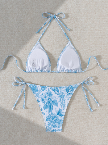 Ženski bikini set u stilu ink-wash s cvjetnim uzorkom, bez rukava, s jastučićima za prsni koš, 82% poliester i 18% spandex podstava