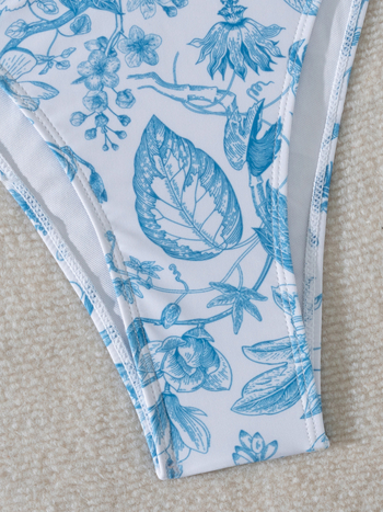 Ženski bikini set u stilu ink-wash s cvjetnim uzorkom, bez rukava, s jastučićima za prsni koš, 82% poliester i 18% spandex podstava